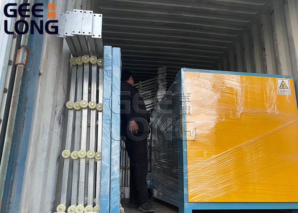 GEELONG exported one container wood log debarking machine,knife grinding machine and glue spreader machine